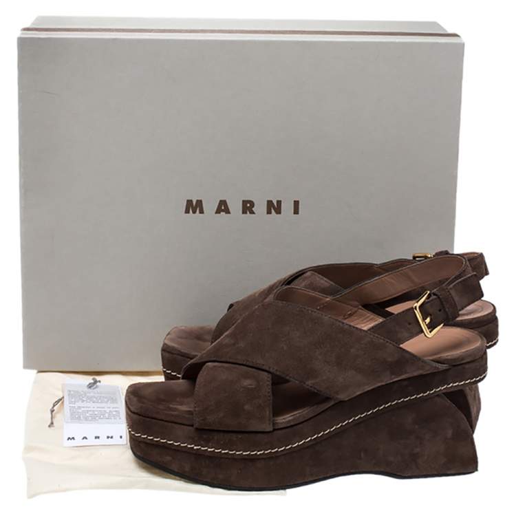 Pre Owned Marni Brown Suede Crisscross Wedge Sandals Size 39