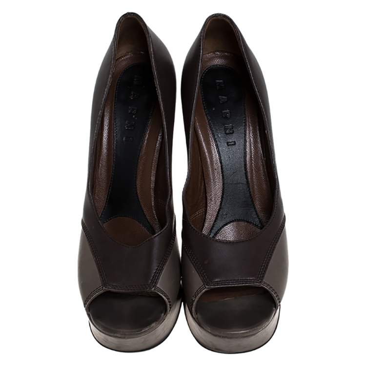 مملوكة مسبقًا Marni Brown/Grey Leather Open Toe Platform Pumps Size 38.5