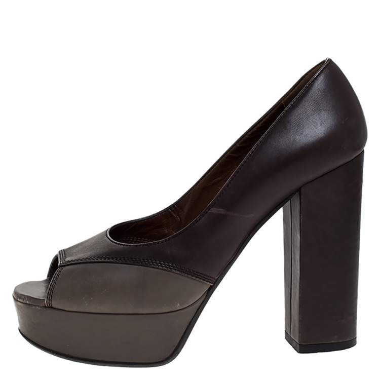 مملوكة مسبقًا Marni Brown/Grey Leather Open Toe Platform Pumps Size 38.5
