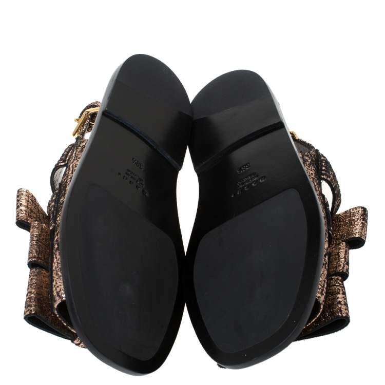 Pre Owned Marni Metallic Rose Gold Cracked Leather Triple Bow Flat Sandals Size 38.5
