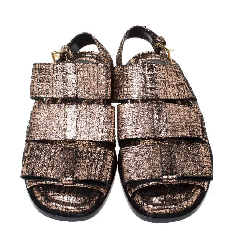 Pre Owned Marni Metallic Rose Gold Cracked Leather Triple Bow Flat Sandals Size 38.5