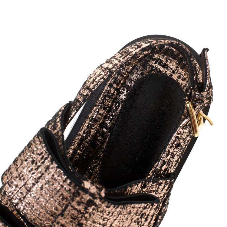 Pre Owned Marni Metallic Rose Gold Cracked Leather Triple Bow Flat Sandals Size 38.5