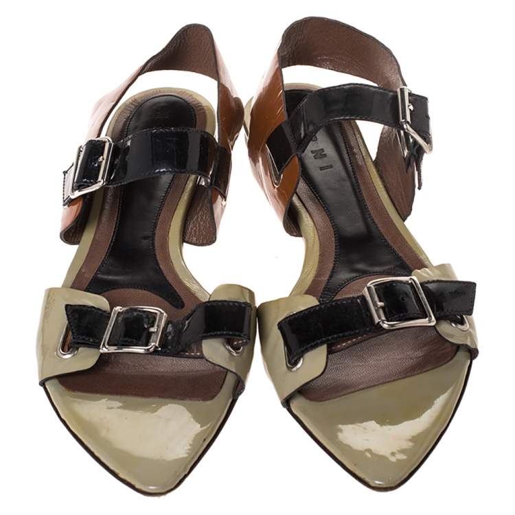 Pre Owned Marni Tricolor Patent Leather Pointed Toe Flat Sandals Size 39
