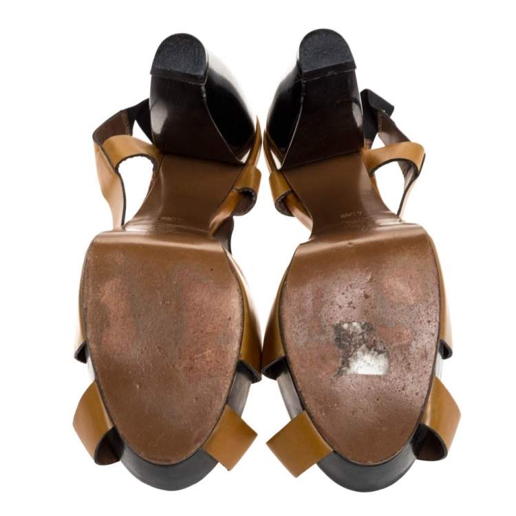 Pre Owned Marni Tan Leather Strappy Platform Block Heel Slingback Sandals Size 40