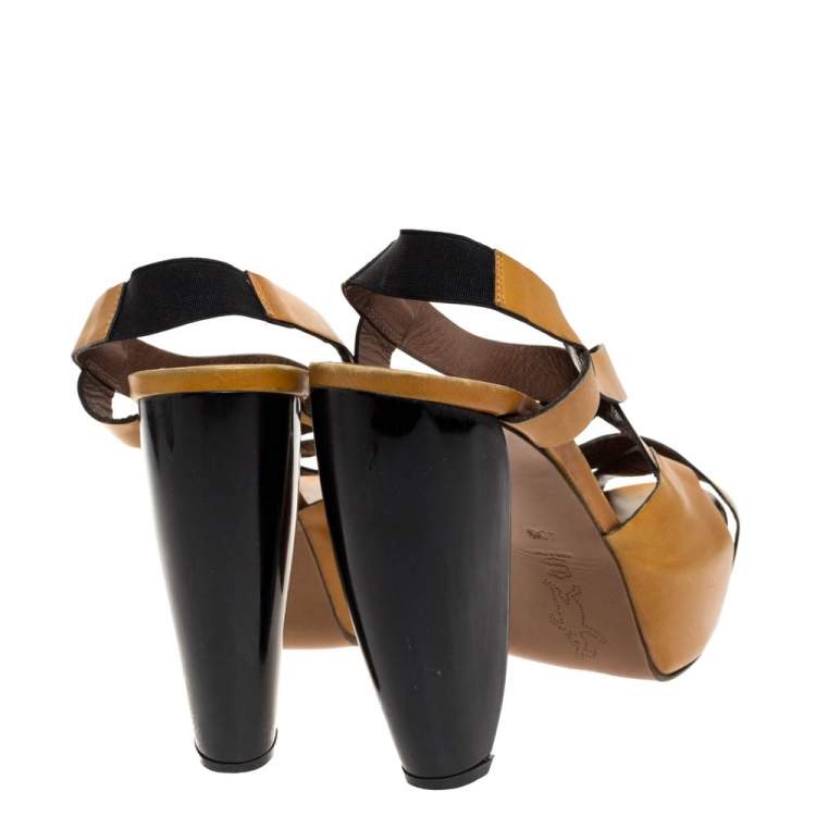 Pre Owned Marni Tan Leather Strappy Platform Block Heel Slingback Sandals Size 40
