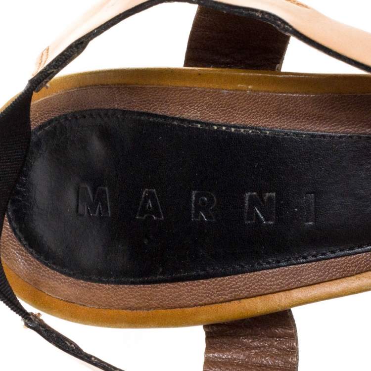 Pre Owned Marni Tan Leather Strappy Platform Block Heel Slingback Sandals Size 40