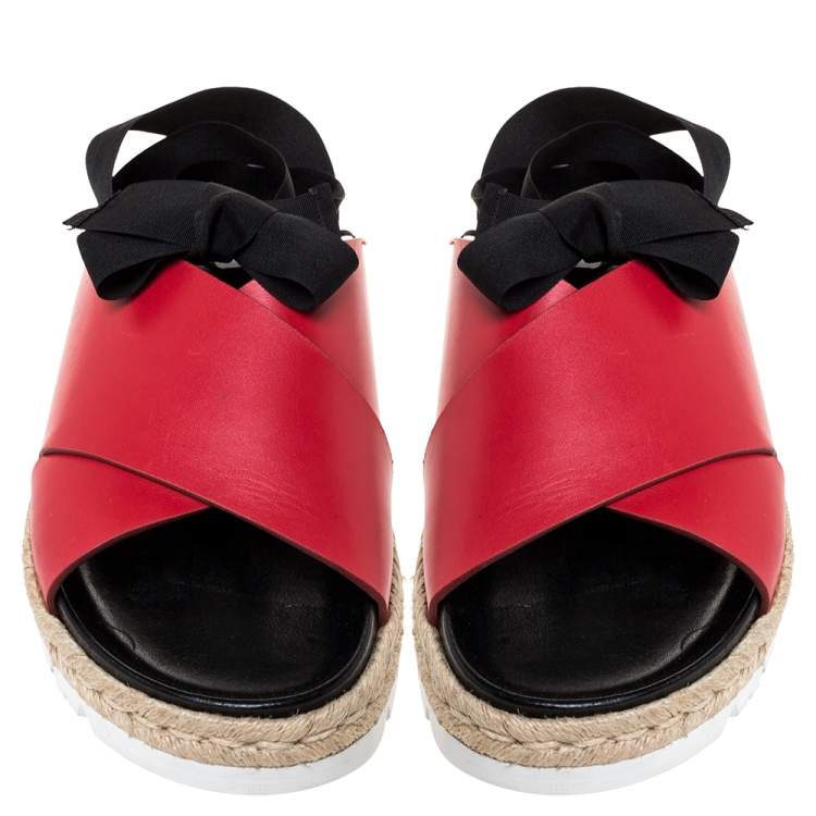 Pre Owned Marni Red Leather And Black Ribbon Ankle Wrap "Fussbett" Espadrille Flat Size 41
