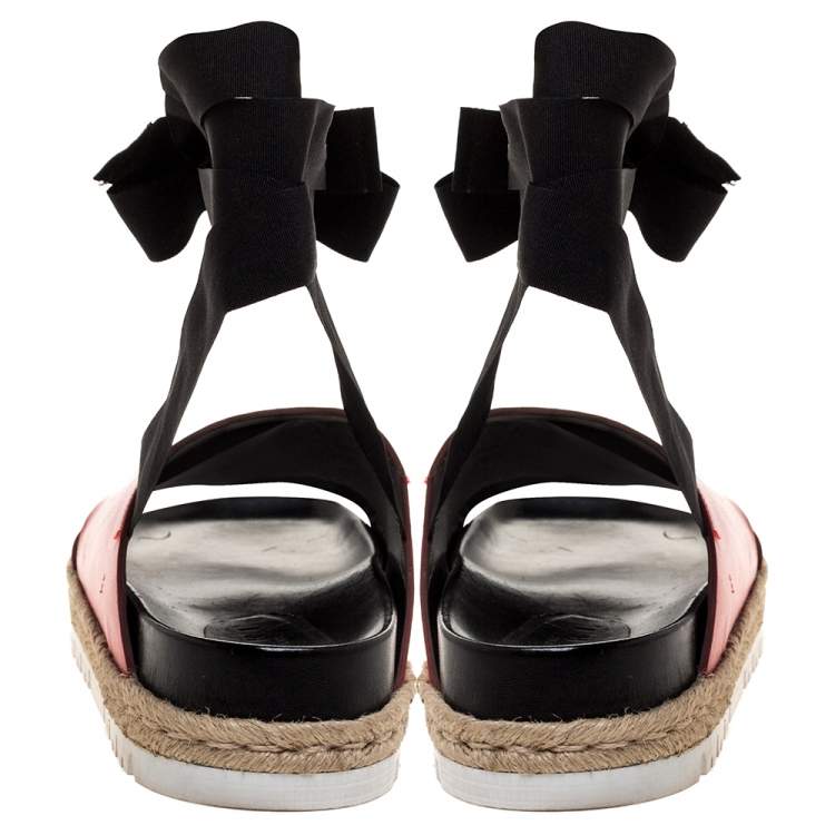 Pre Owned Marni Red Leather And Black Ribbon Ankle Wrap "Fussbett" Espadrille Flat Size 41