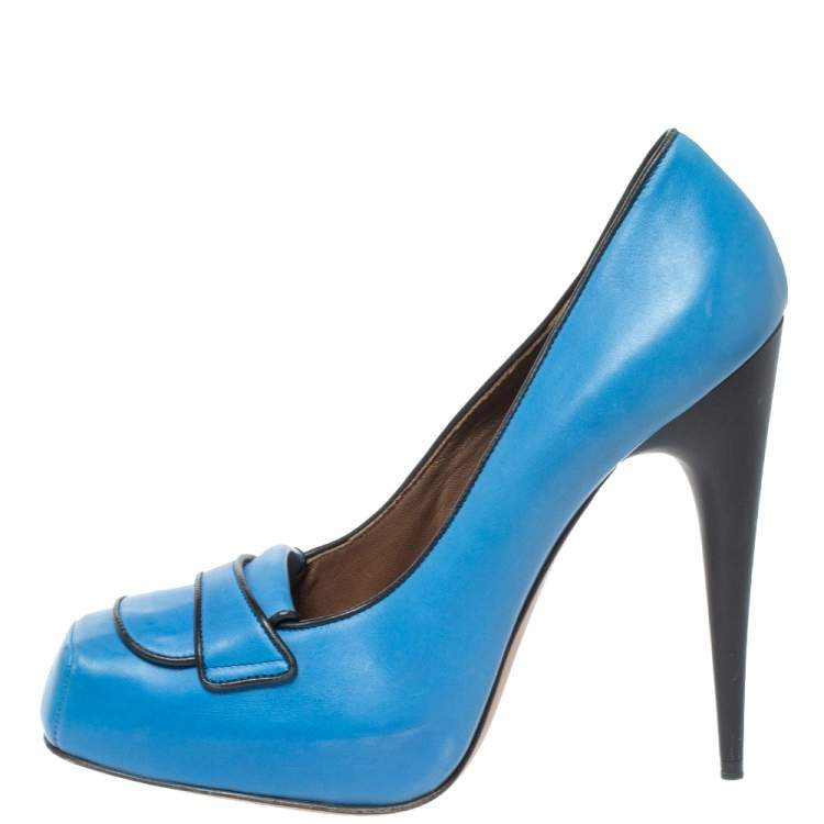 Pre Owned Marni Blue Leather Platform Loafer Pumps Size 40