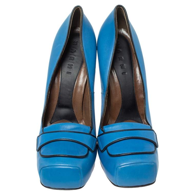 Pre Owned Marni Blue Leather Platform Loafer Pumps Size 40