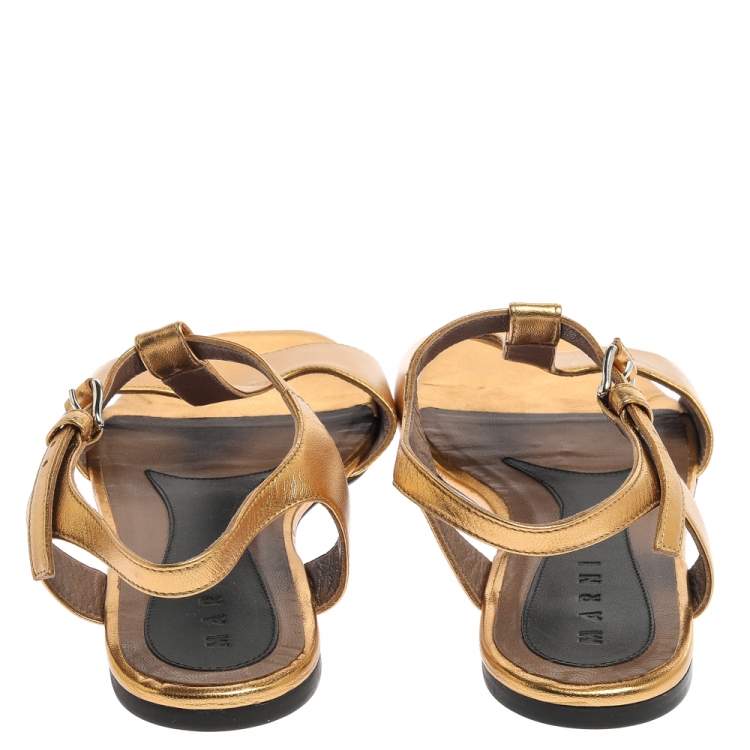 Pre Owned Marni Gold Leather Ankle Strap Flat Sandals Size 41