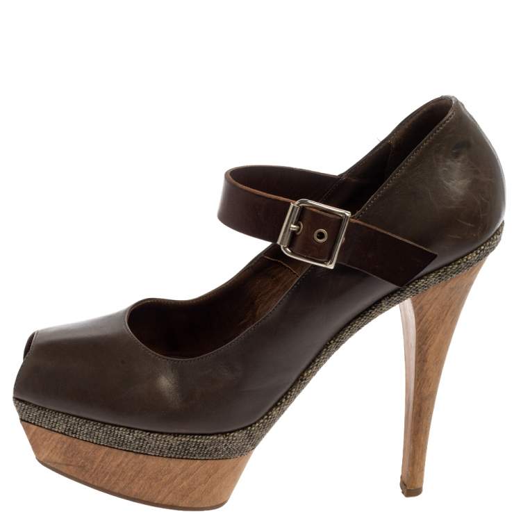 Pre Owned Marni Grey Leather Mary Jane Peep Toe Platform Pumps Size 39