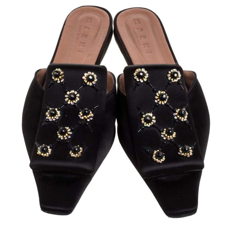 Pre Owned Marni Black Satin Embellished Mules Size 39