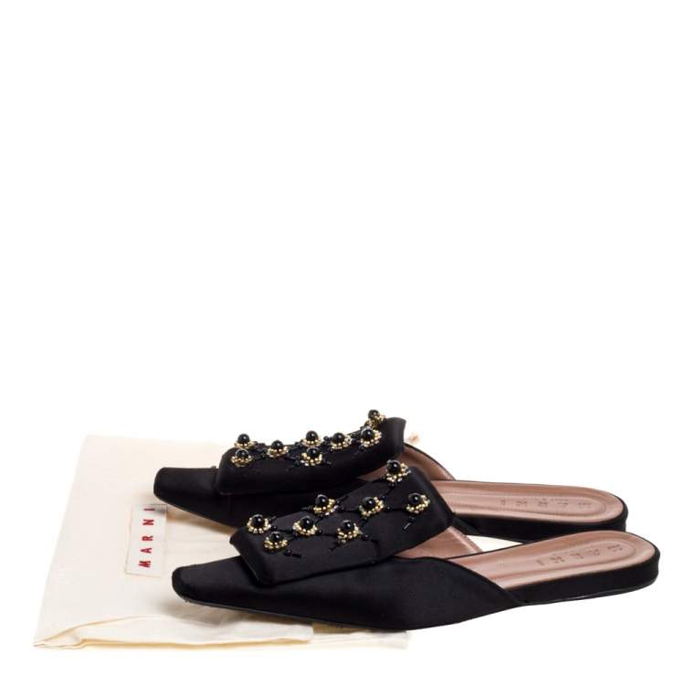 Pre Owned Marni Black Satin Embellished Mules Size 39