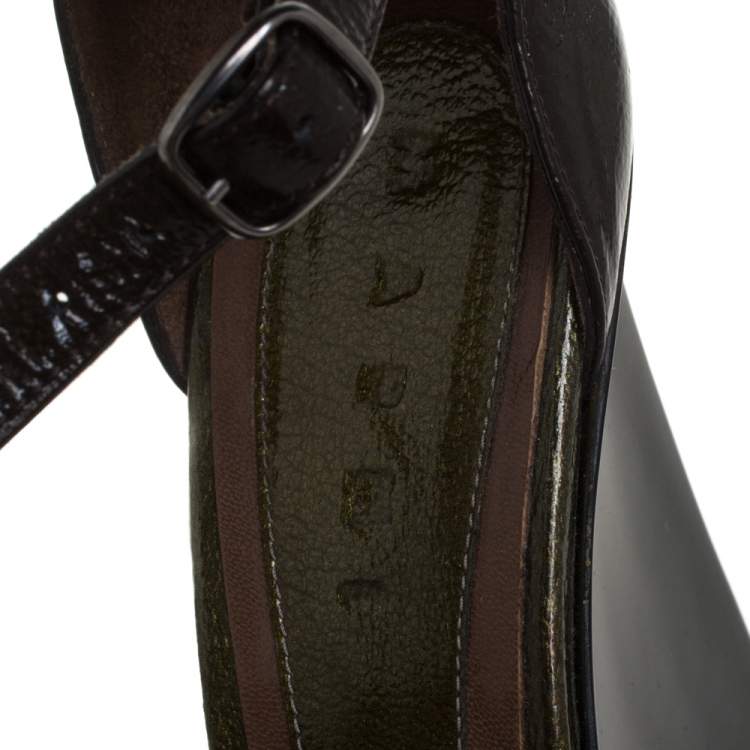Pre Owned Marni Olive Green Patent Leather Peep Toe Ankle Strap Wedge Sandals Size 39