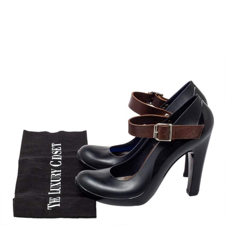 Pre Owned Marni Black/Brown Rubber And Leather Mary Jane Pumps Size 38