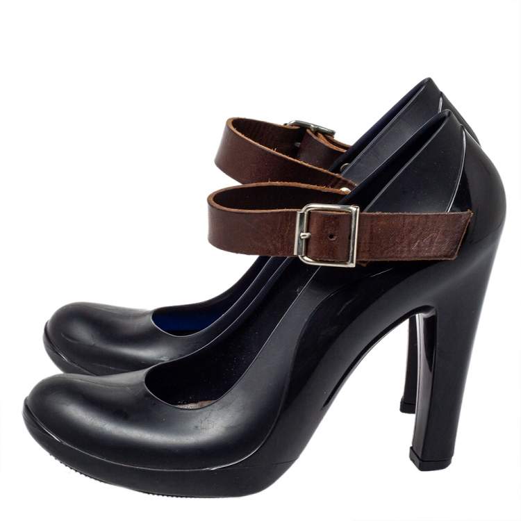 Pre Owned Marni Black/Brown Rubber And Leather Mary Jane Pumps Size 38