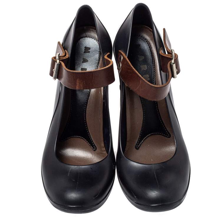 Pre Owned Marni Black/Brown Rubber And Leather Mary Jane Pumps Size 38