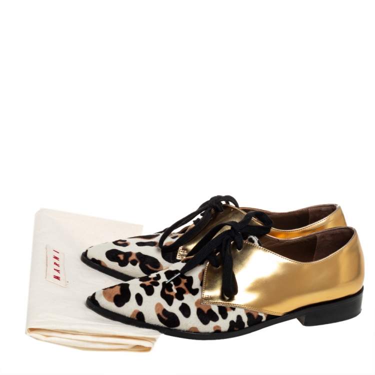 Pre Owned Marni Gold Leather And Calf Hair Lace-Up Oxford Size 37