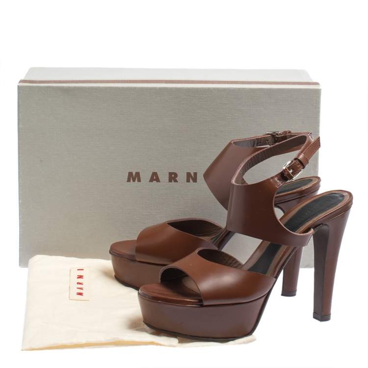 Pre Owned Marni Brown Leather Ankle Strap Platform Sandals Size 37