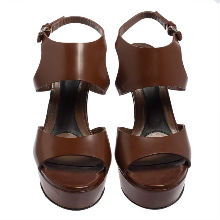 Pre Owned Marni Brown Leather Ankle Strap Platform Sandals Size 37