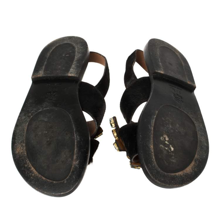 Pre Owned Marni Black Calf Hair Embellished Flat Slingback Sandals Size 39.5