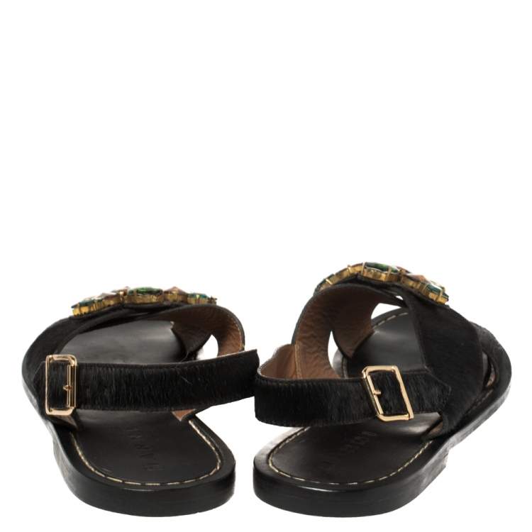Pre Owned Marni Black Calf Hair Embellished Flat Slingback Sandals Size 39.5