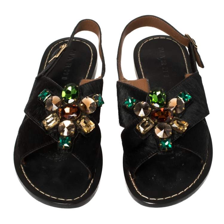 Pre Owned Marni Black Calf Hair Embellished Flat Slingback Sandals Size 39.5