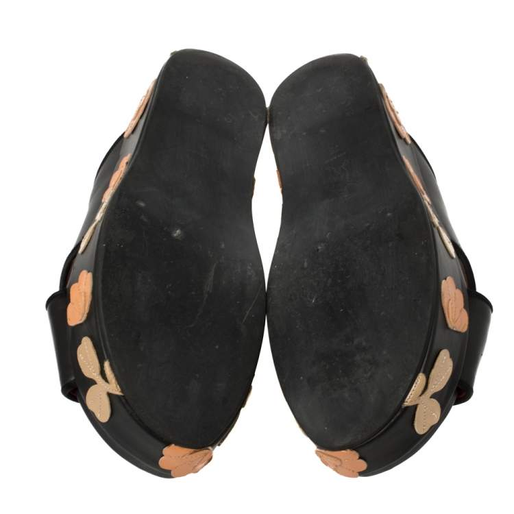 Pre Owned Marni Black Leather Cross Strap Floral Platform Sandals Size 39