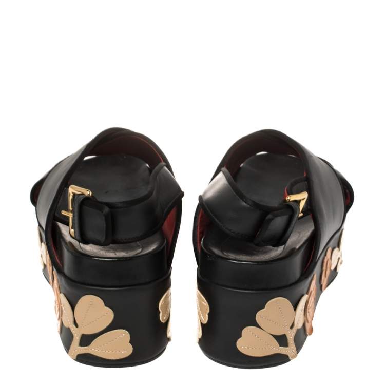 Pre Owned Marni Black Leather Cross Strap Floral Platform Sandals Size 39