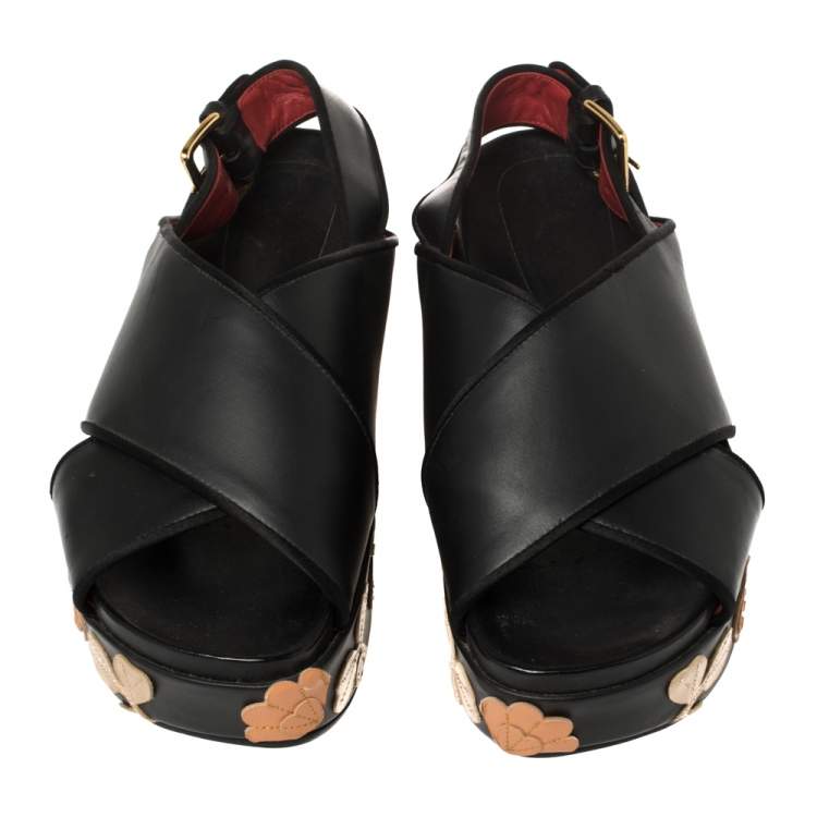 Pre Owned Marni Black Leather Cross Strap Floral Platform Sandals Size 39