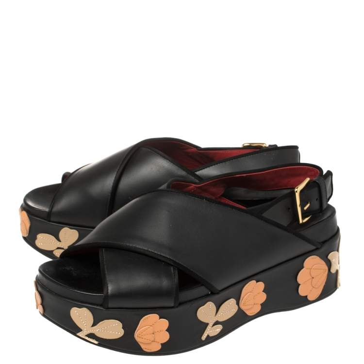 Pre Owned Marni Black Leather Cross Strap Floral Platform Sandals Size 39