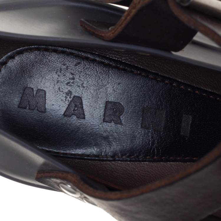Pre Owned Marni Grey Rubber And Brown Leather Mary Jane Pumps Size 37