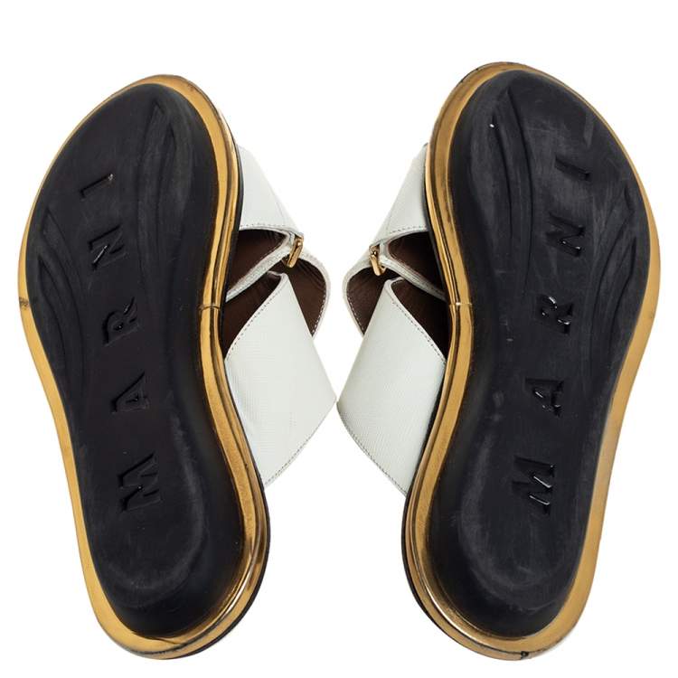 Pre Owned Marni White Leather Crisscross Slide Sandals Size 38