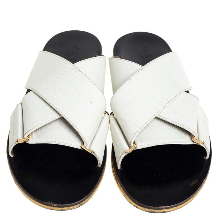 Pre Owned Marni White Leather Crisscross Slide Sandals Size 38