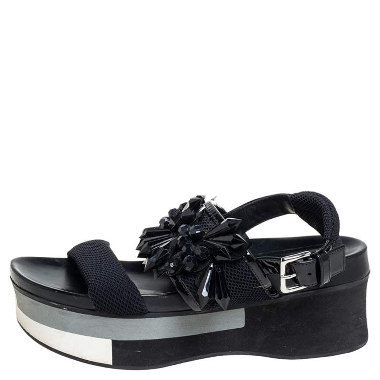 Pre Owned Marni Black Mesh And Patent Leather Embellished Platform Slingback Sandals Size 38