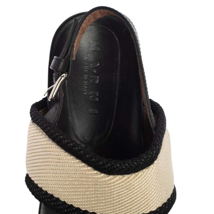 Pre Owned Marni Black/White Canvas And Leather Bow Embellished Slingback Platform Sandals Size 38