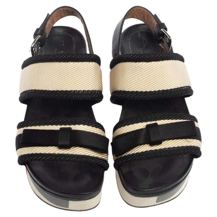 Pre Owned Marni Black/White Canvas And Leather Bow Embellished Slingback Platform Sandals Size 38