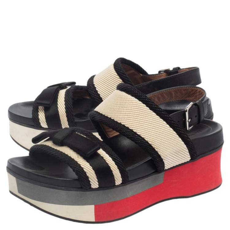 Pre Owned Marni Black/White Canvas And Leather Bow Embellished Slingback Platform Sandals Size 38