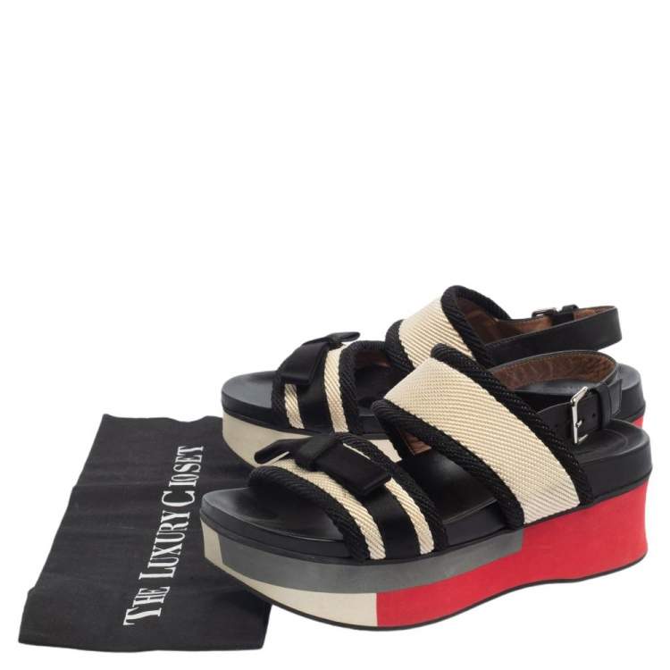 Pre Owned Marni Black/White Canvas And Leather Bow Embellished Slingback Platform Sandals Size 38