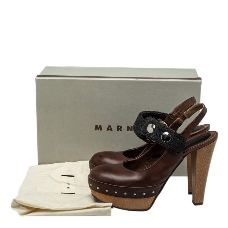 Pre Owned Marni Brown/Black Fabric And Leather Mary Jane Buckle Strap Pumps Size 40