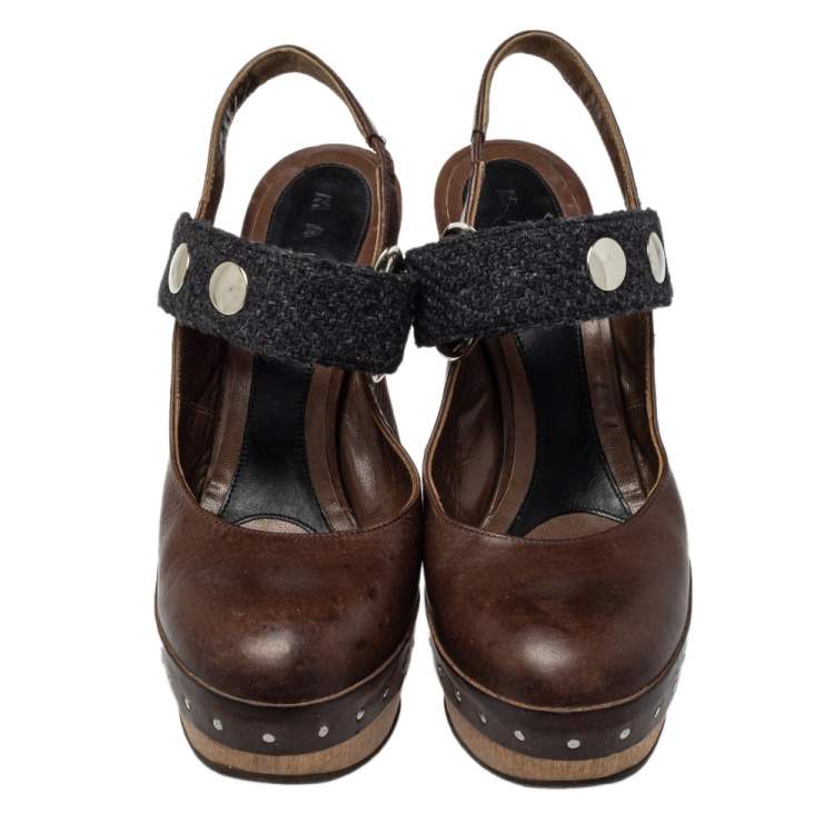 Pre Owned Marni Brown/Black Fabric And Leather Mary Jane Buckle Strap Pumps Size 40