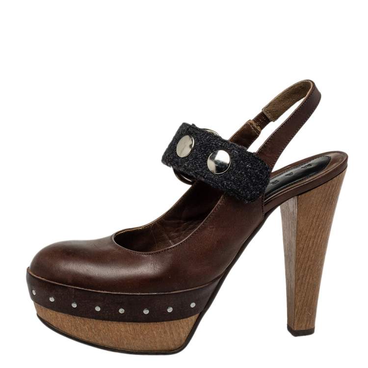 Pre Owned Marni Brown/Black Fabric And Leather Mary Jane Buckle Strap Pumps Size 40