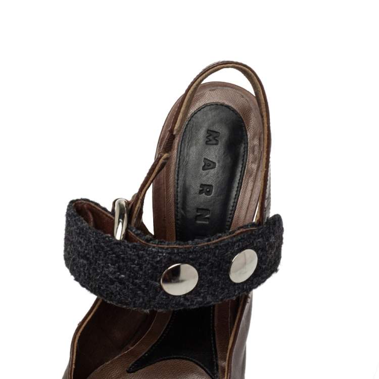 Pre Owned Marni Brown/Black Fabric And Leather Mary Jane Buckle Strap Pumps Size 40