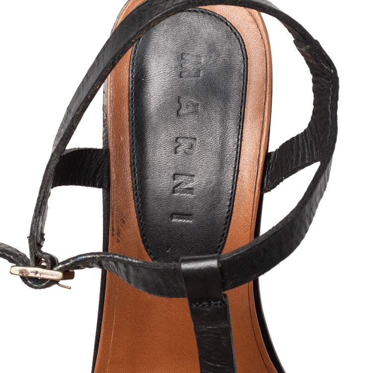 Pre Owned Marni Black Leather Bow Detail T Strap Sandals Size 38