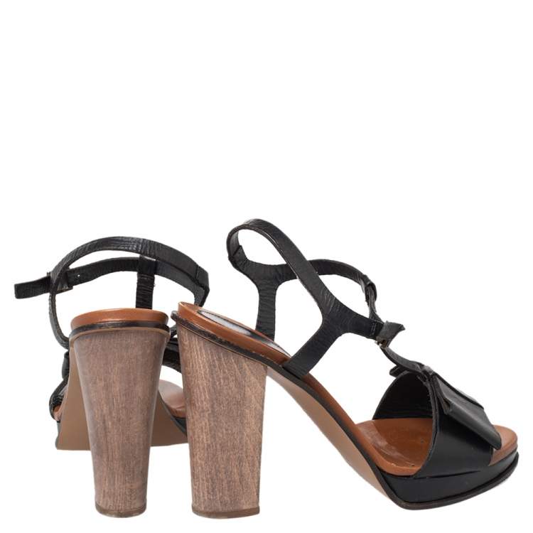 Pre Owned Marni Black Leather Bow Detail T Strap Sandals Size 38