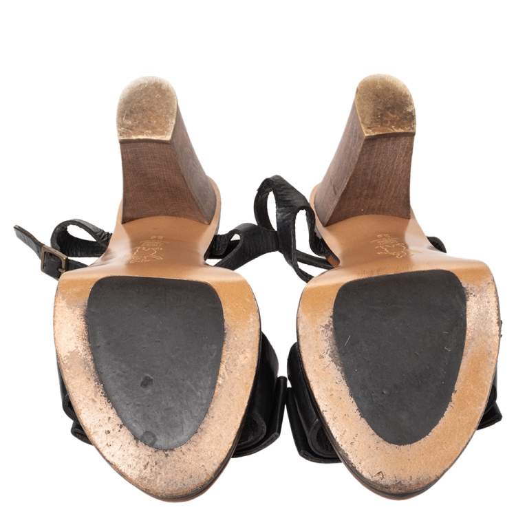 Pre Owned Marni Black Leather Bow Detail T Strap Sandals Size 38