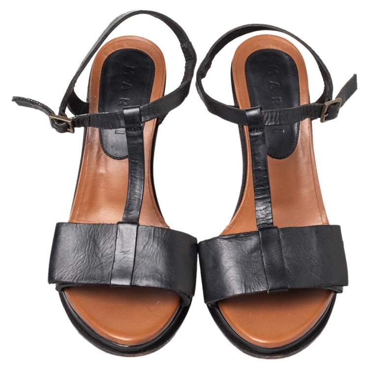 Pre Owned Marni Black Leather Bow Detail T Strap Sandals Size 38