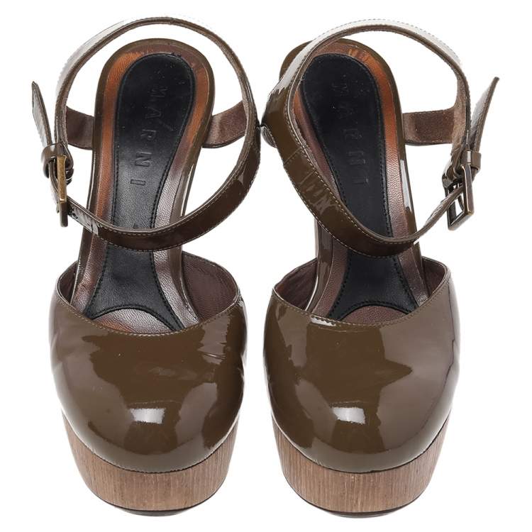Pre Owned Marni Olive Green Patent Leather Platform Ankle Strap Sandals Size 38