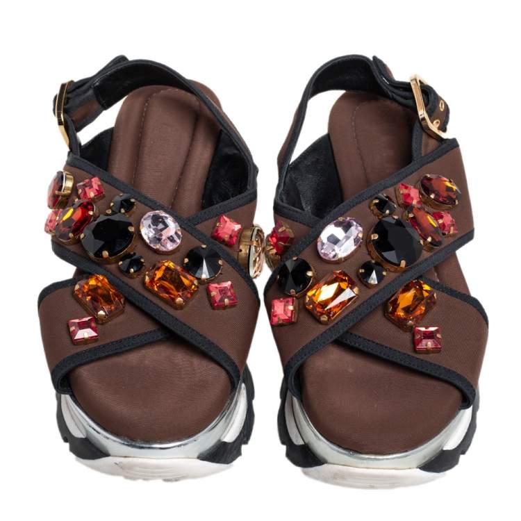 Pre Owned Marni Brown Fabric Jewel Embellished Crisscross Platform Sandals Size 39